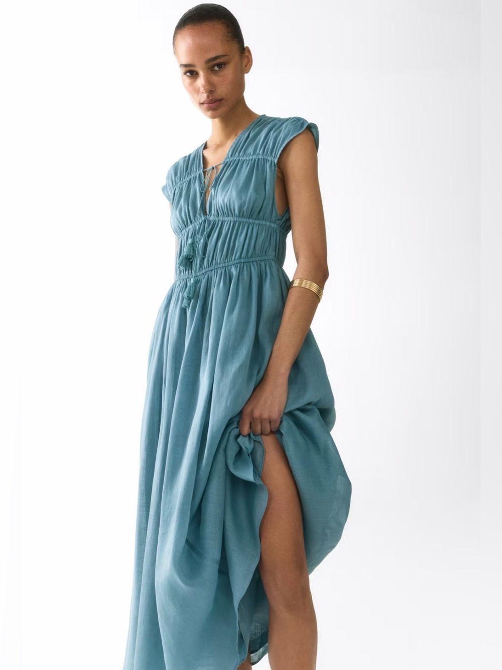 H&M Premium Selection Drawstring-Detail Ramie Dress (Dusty Turquoise) Small - Picture 1 of 7